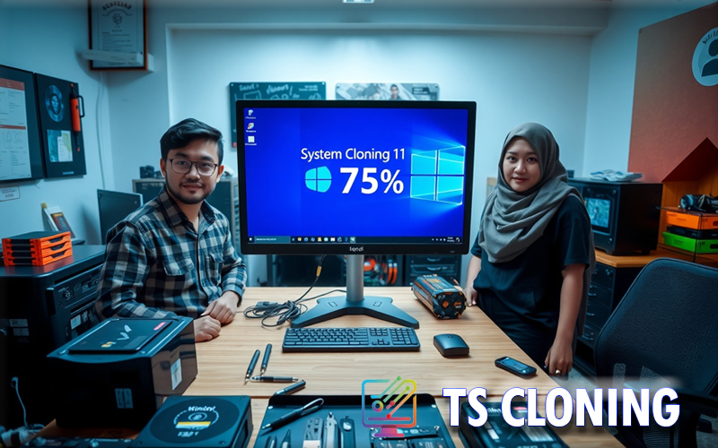 Teknisi komputer sedang cloning OS Windows 11 ke SSD di meja servis dengan progress bar 75% dan perangkat lengkap